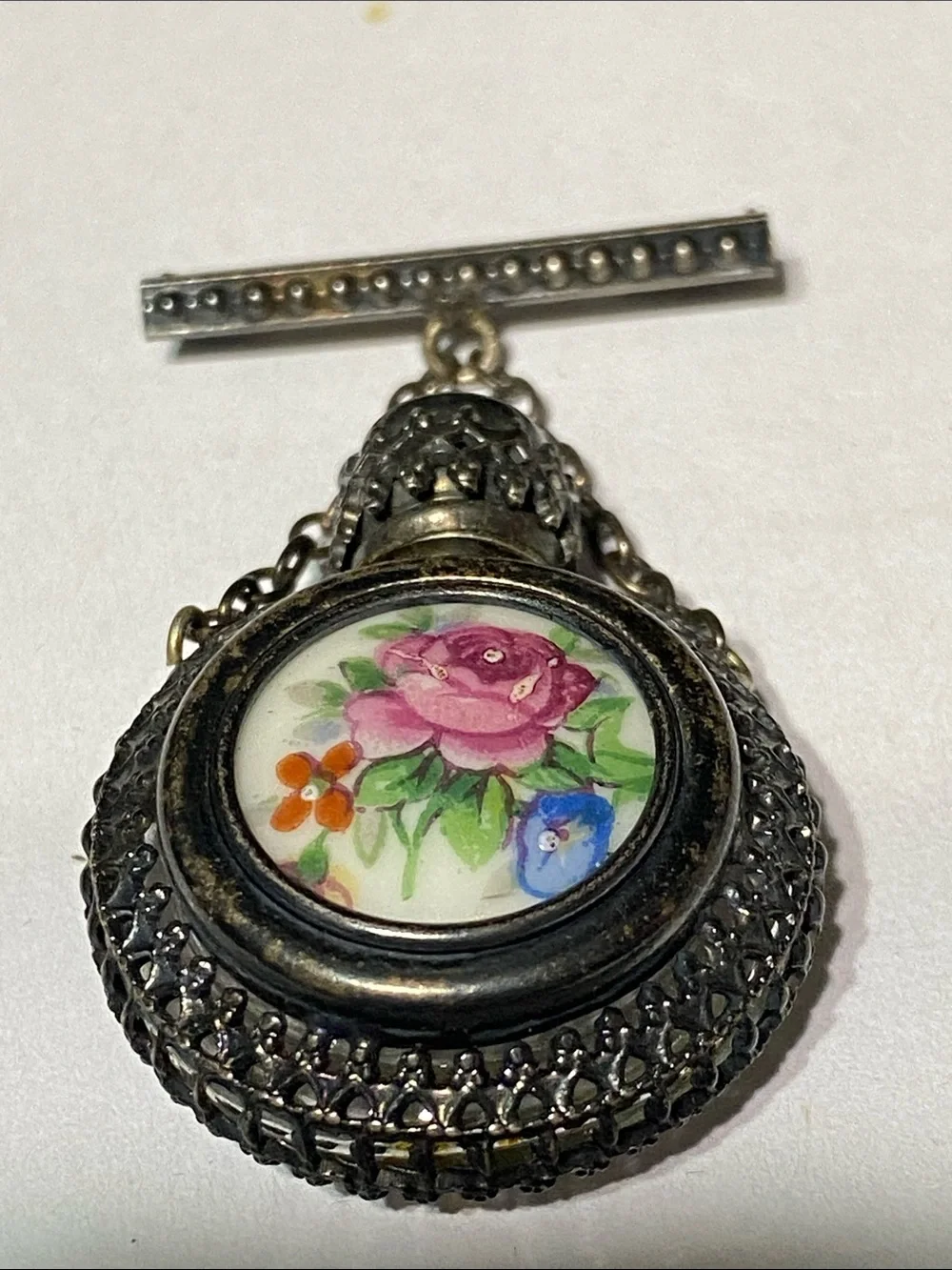 PRETTY Vintage Limoges Silver tone floral Filigree Perfume Bottle bar Pin Brooch